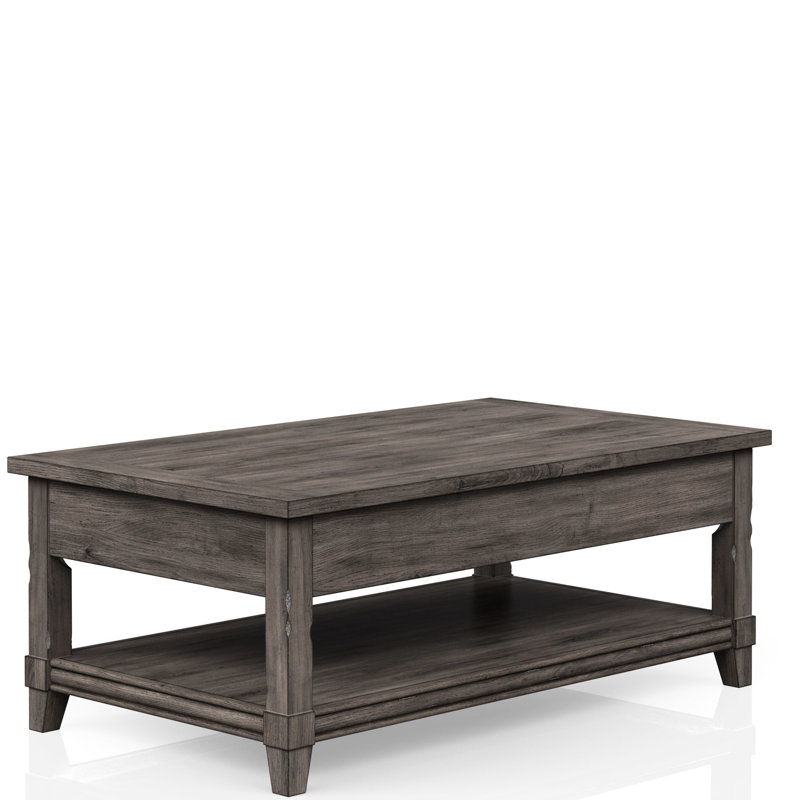 Table basse à plateau relevable gris avec tablette, poids 115,35 lb, tablette de rangement rustique en bois massif - + Made