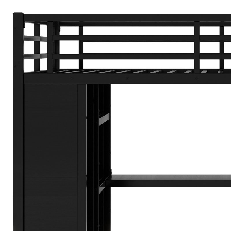 Loft Bed Frame With Wardrobe,Desk And Storage Shelves, Black