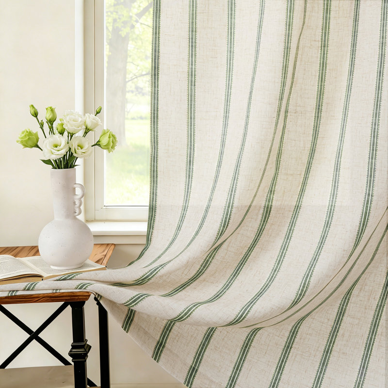 Farmhouse Striped Linen Blend Textured Light Filtering Semi Sheer Rod Pocket Back Tab Curtains, 52" W x 63" L, Loden Green