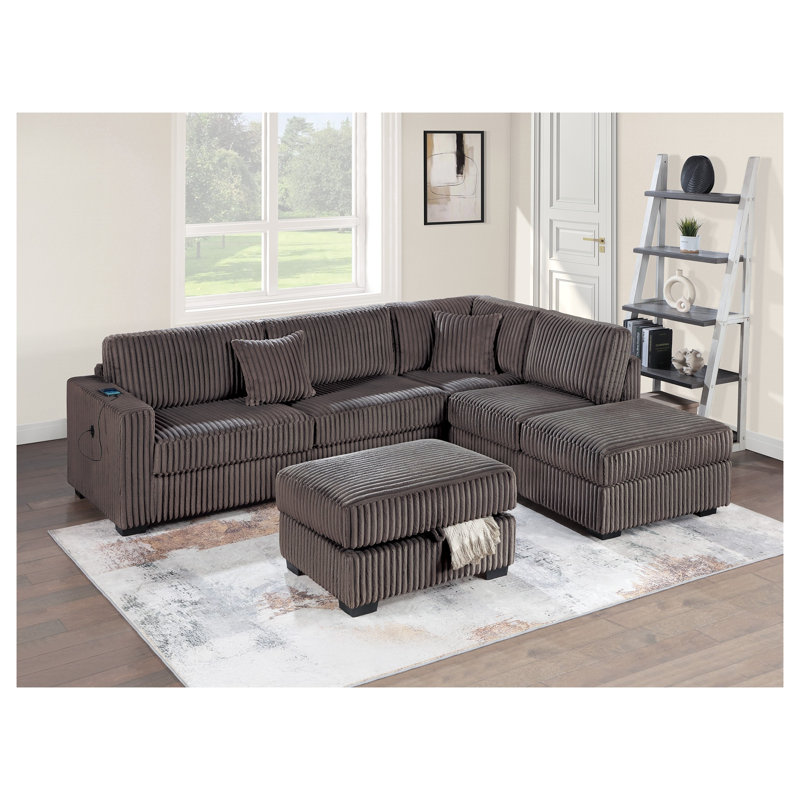 Canapé modulaire réversible en velours côtelé chocolat avec repose-pieds avec rangement USB