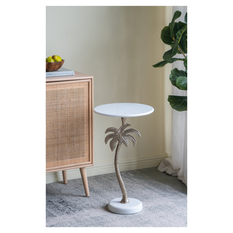 Table d'appoint ronde avec plateau en marbre blanc et base palmier doré, 14 po x 14 po x 24 po