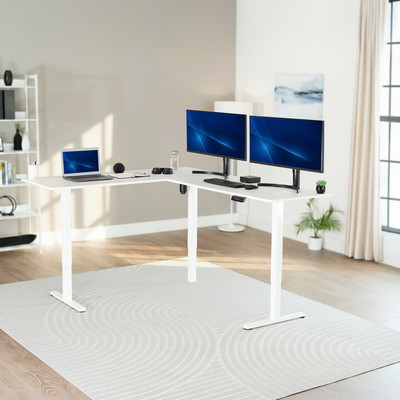 Bureau debout d'angle électrique VIVO, Blanc et blanc, 75 po x 63 po