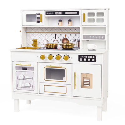Wooden Kids Play Kitchen, Modern White Toddler Kitchen Playset with Realistic Stove, Click-Sound Knobs & Storage Cabinets, Montessori Pretend Cooking Toy Gift for Boys & Girls Age 3+ （White）