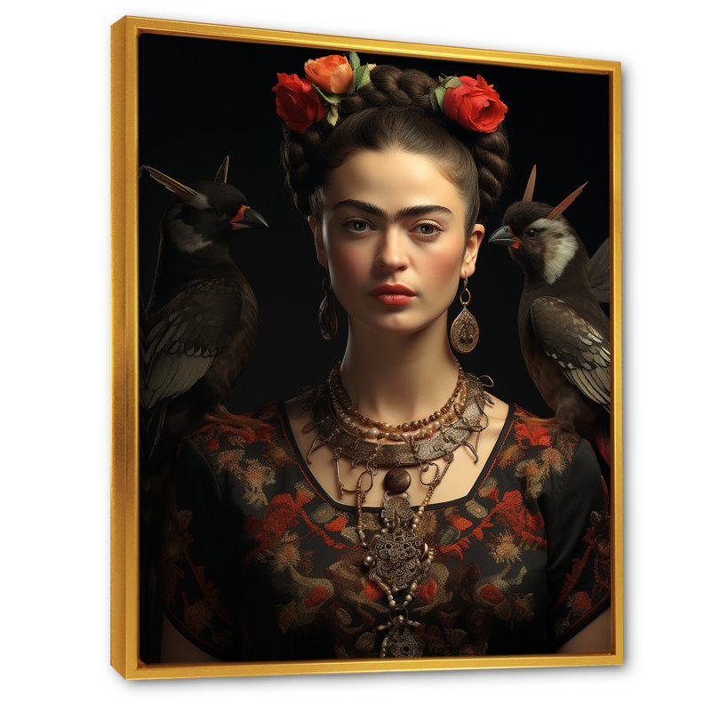Art sur toile, "Frida mexicaine", Cadre flottant doré, H 40 po x l 30 po