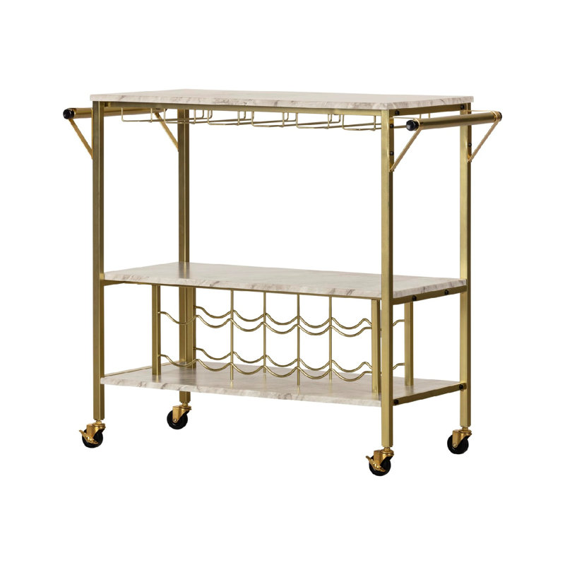 Bar Cart With Wine Glass Rack, Faux Marble, For Kitchen, Dining Room