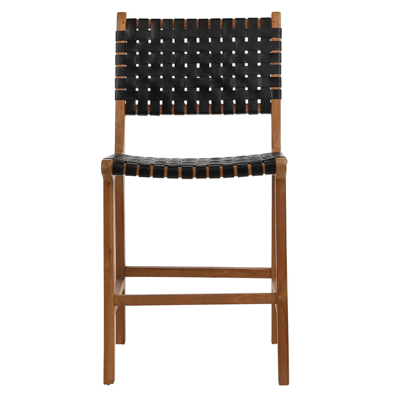 Valeria 23" Counter Stool, Black Leather/ Natural Wood Frame