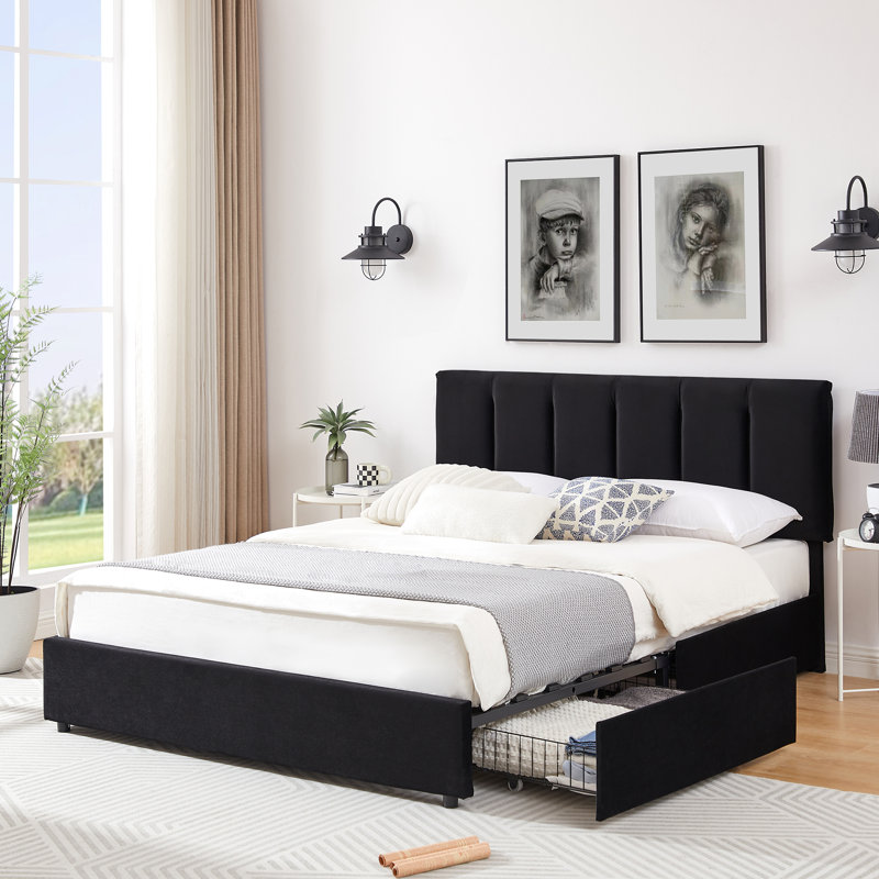  Cahlin Queen Storage Bed Frame Velvet Upholstered Platform Bed with 4 Storage Drawer, Adjustable Headboard and Wood Slat Support, Black