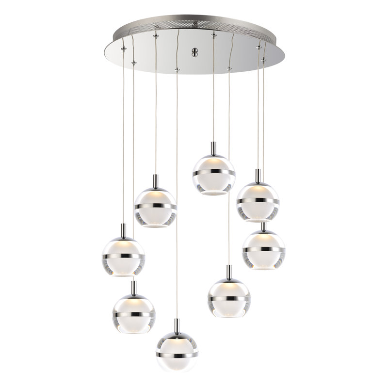 Luminaire suspendu sphère à DEL 8 lumières Eliset, Chrome poli, Transparent