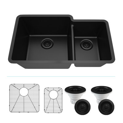 Évier de cuisine 32 po x 19 po en quartz, évier à double cuve 60/40, évier encastré, évier de cuisine encastré, évier de cuisine en granite, avec 2 grilles en acier et crépine, bride d'évacuation