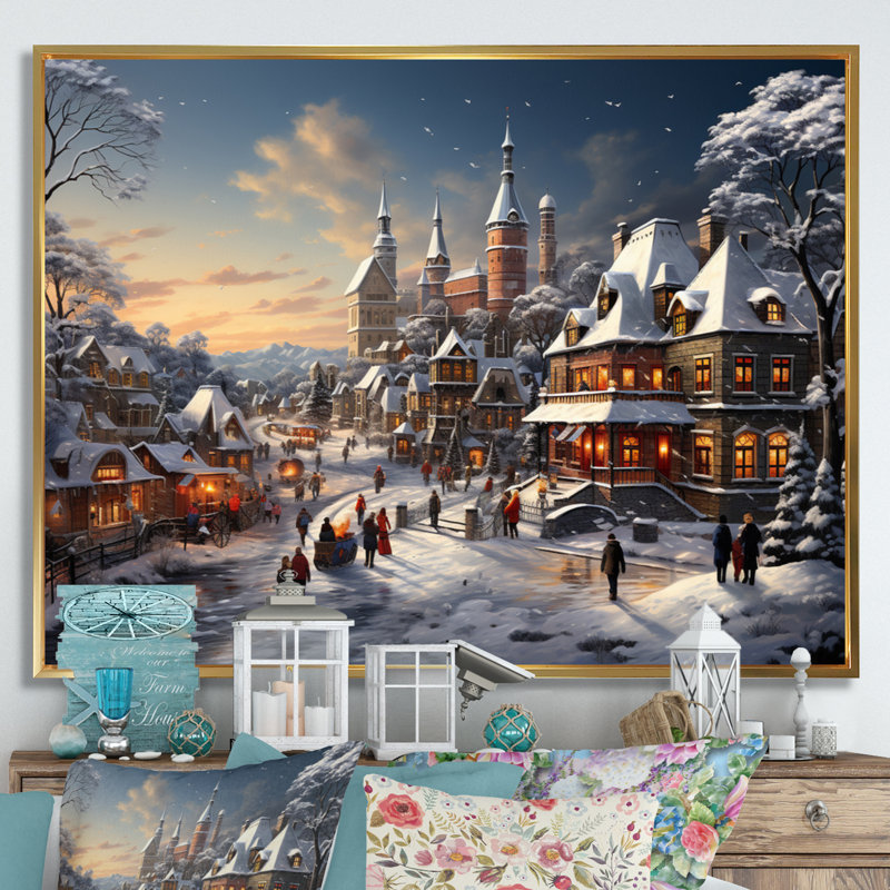 Winter Village Carnival VI - Architecture Wall Art Living Room, H 30 po x l 40 po, Cadre flottant doré
