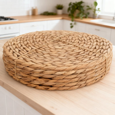 Handwoven Water Hyacinth Placemats Set Of 6, Round Rattan Wicker Place Mats For Dining Table Protection And Decoration, Heat-Resistant And Durable