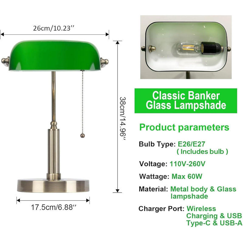 Glass Bankers Desk Lamp with Wireless Charger, 2 USB Charging Port, Vintage Desk Lamp with Pull Chain Switch, Retro Table Lamps for Home Office, Piano, Library (bulb  included)