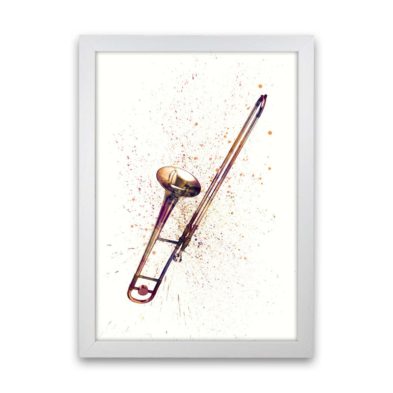 Trombone Watercolour by Michael Tompsett - Print, 63cm H x 46cm W x 3cm D, White Framed