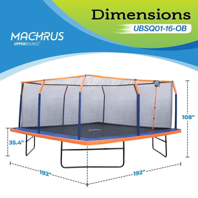 Ensemble de trampoline carré de 16 pi x 16 pi avec enceinte de qualité supérieure et coussin de sécurité Machrus Upper Bounce