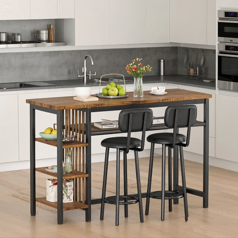 Bar Table Set For 2 With 4 Storage Shelves, 47" Industrial Breakfast Table And 2 Upholstered  Counter Stools W/ Backrest And Footrest, 3-Piece Dining Set For 2, Space Saving Bar Height Table And Chairs For Kitchen,Dining Room, Living Room, Studio, Pub