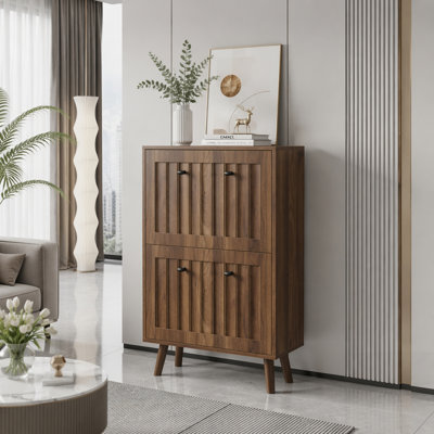Armoire à chaussures Mid-Century moderne avec rainures verticales, finition noyer de 23,6 po, idéale pour les couloirs et les entrées