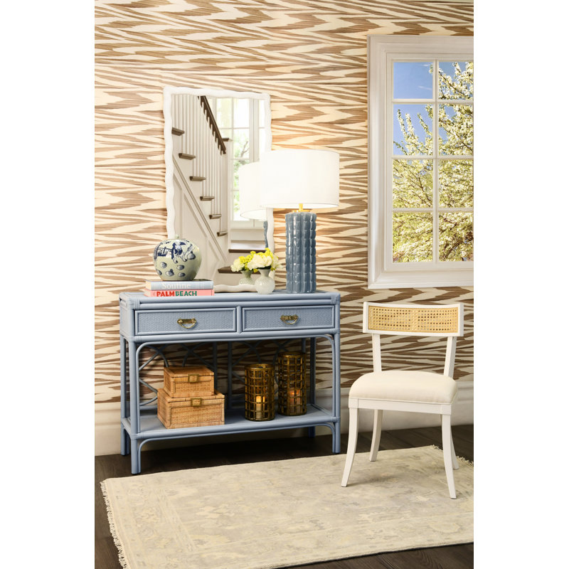 Two Drawer Console with Decorative Back Rattan, Blue