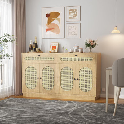 60'' Rattan Sideboard, Sideboard Cabinet with Adjustable Shelves, Buffet Cabinet with 2 Drawers and 4 Rattan Doors for Dining Room, Living Room and EntryWay, Oak