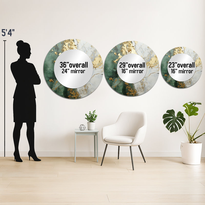Seneka or et vert peinture fusion - peinture abstraite miroir décoratif, grand miroir mural rond beige, impression d'art en métal