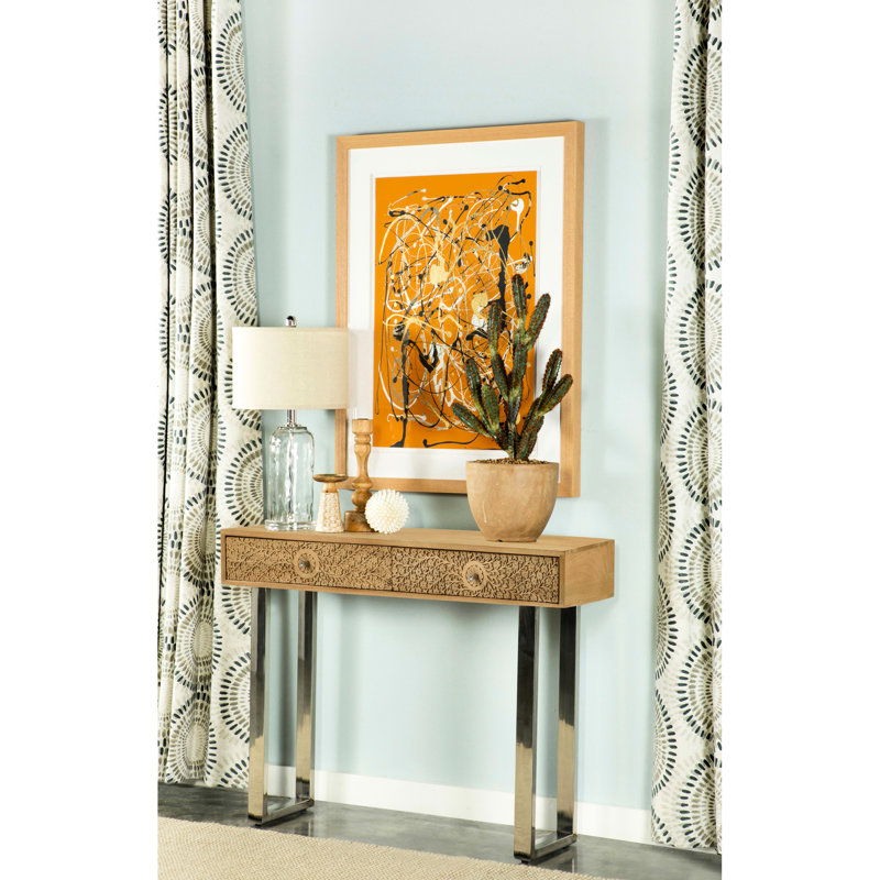 Console à 2 tiroirs avec accents en bois naturel et argent, base élégante de style traîneau, tiroirs spacieux pour le rangement, espaces de vie idéaux, hauteur de 32 pouces avec deux tiroirs, finition moderne