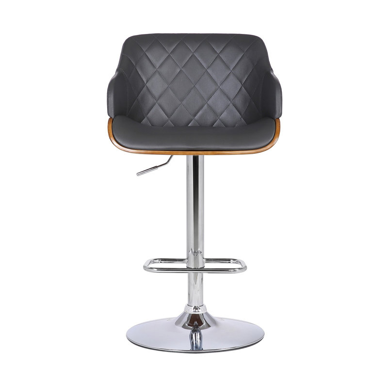 Jaxxon Swivel Adjustable Height Barstool with Metal Base in Wood, and Faux Leather, Chrome, Gray