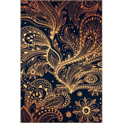 Navy Blue Yellow Themed Floral Abstract Figure Patterned Modern Decorative Carpet