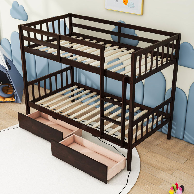 Two Drawers Rubber Wood Bunk Bed, Twin, Espresso