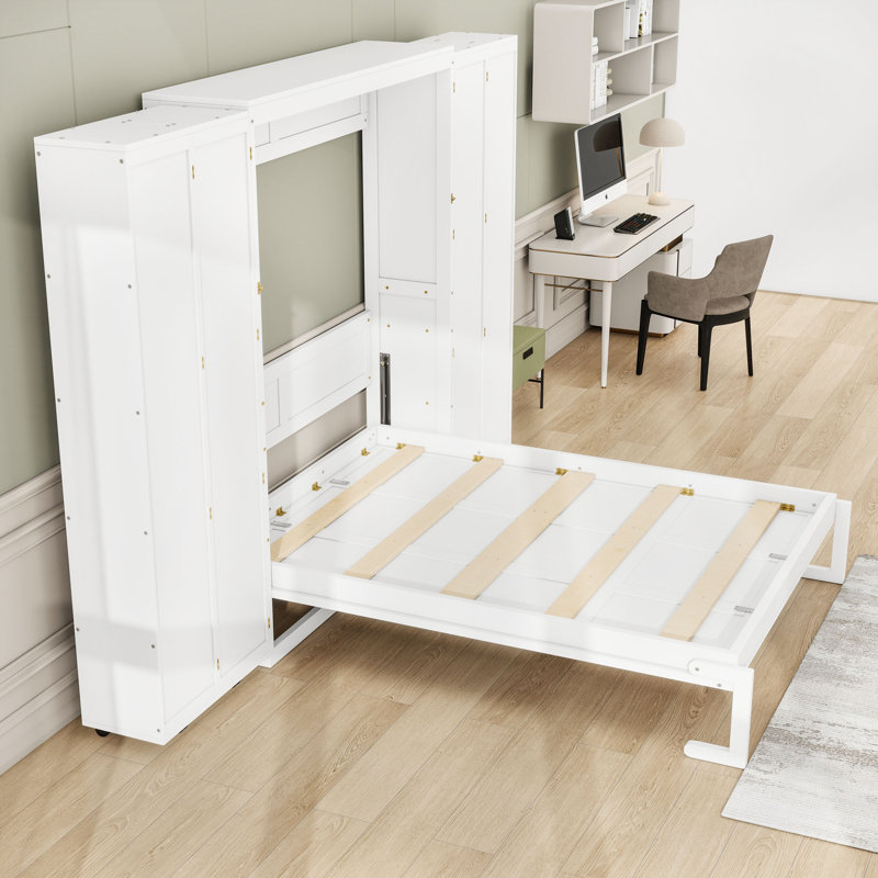 Grand lit escamotable mural avec deux armoires pliables, White