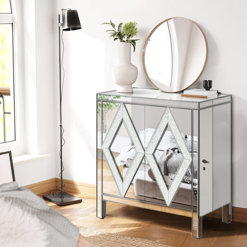 Armoire de rangement avec garniture de miroir et motif à losanges, argent pour le salon, l'entrée de la salle à manger, la cuisine - fabrication stable