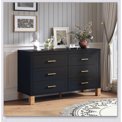 Commode double à 6 tiroirs, armoire de rangement moderne avec poignées en métal et pieds en bois massif, organisateur de tiroir pour chambre d'enfant, commode en bois robuste avec préinstallé