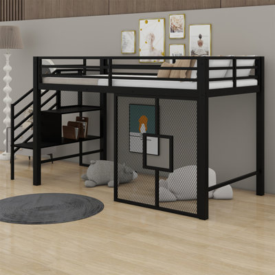 Base de lit mezzanine basse avec escalier de rangement et filet de fer