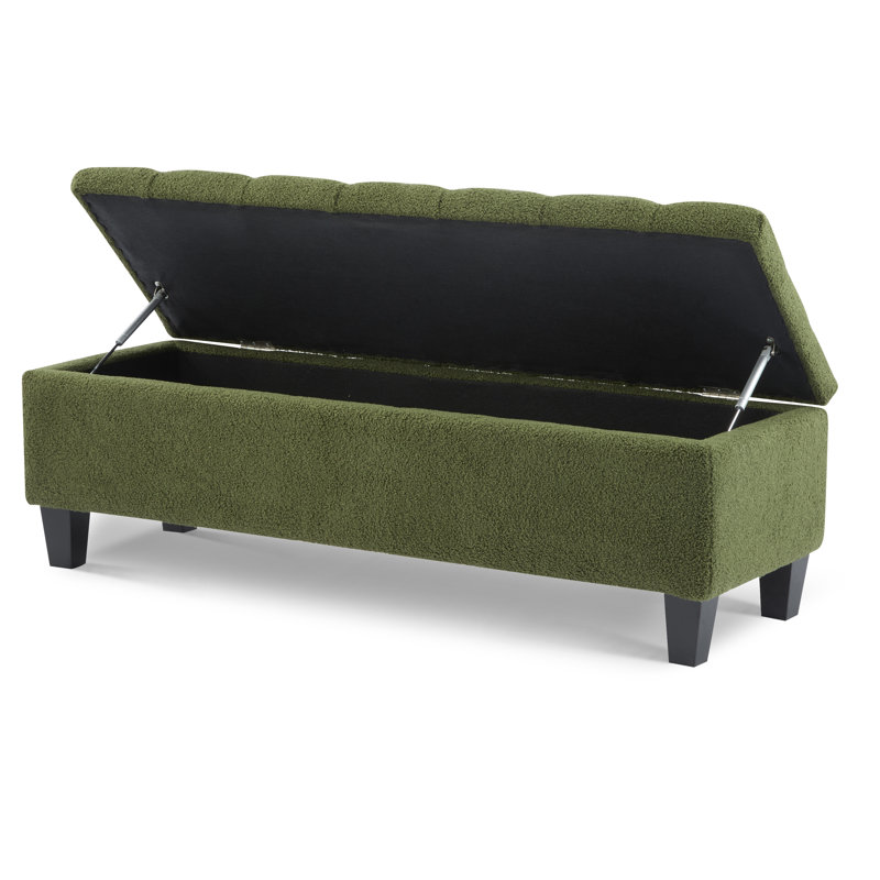 Banc repose-pieds avec rangement, surface bouclée verte, pieds en bois d'hévéa, capacité de 300 lb