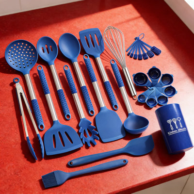 Ensemble 28 pièces d'ustensiles de cuisine en silicone avec poignées en acier inoxydable - Outils de cuisson antiadhésifs, résistants à la chaleur pour la cuisson et l'utilisation quotidienne