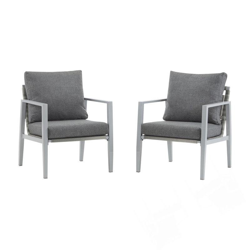 Set Of 2 Aluminum Lounge Chairs With Rope Accents And Plush Cushions For Indoor And Outdoor Use, Light Gray