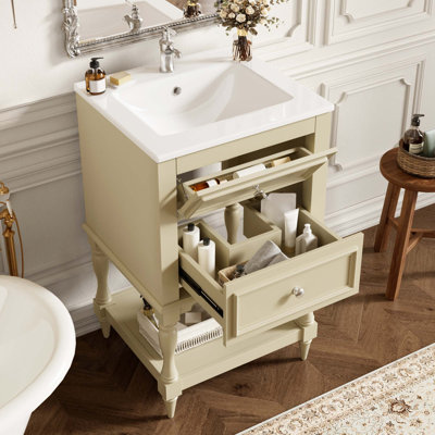 Meuble-lavabo de style rétro avec lavabo en céramique et rangement intelligent
