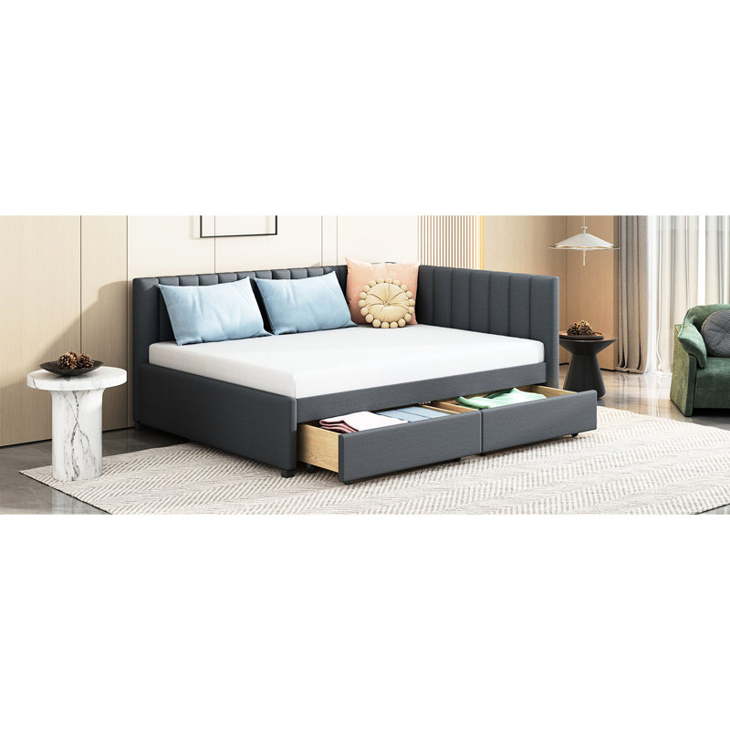 Full Daybed With 2 Drawer Storage, Linen In Gray. Bed Frame Without Box Spring For A Relaxing Time Storage Upholstery, Cozy Bedroom Environment