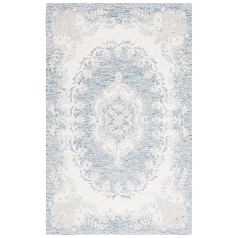 Ivory and Blue Handmade Wool Tufted 4' x 6' Rug