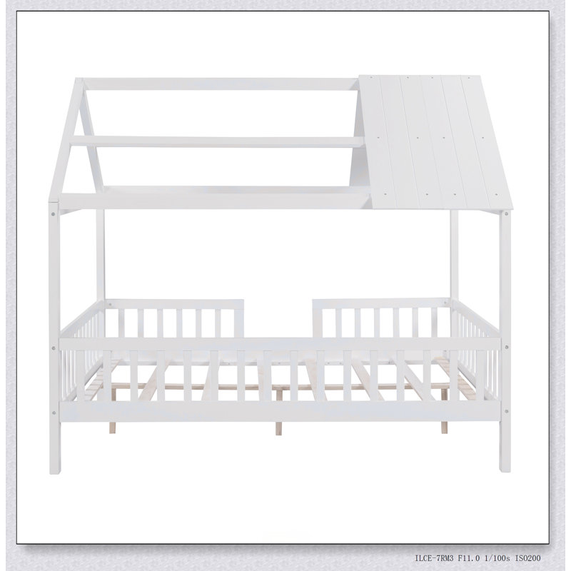 Wood House Bed With Fence, Full, White