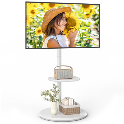 Meuble télé mobile sur pied avec tablette et roues cachées, Chariot télé réglable en hauteur 32-65 po avec base circulaire - Blanc