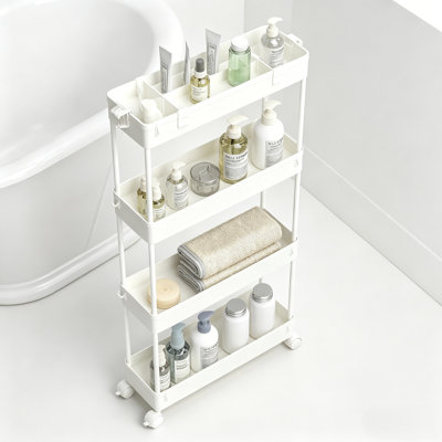 Slim 4-Tier Rolling Storage Cart White Mobile Shelving Unit With Wheels Slide-Out Organizer For Bathroom Kitchen Laundry Room Office Narrow Spaces