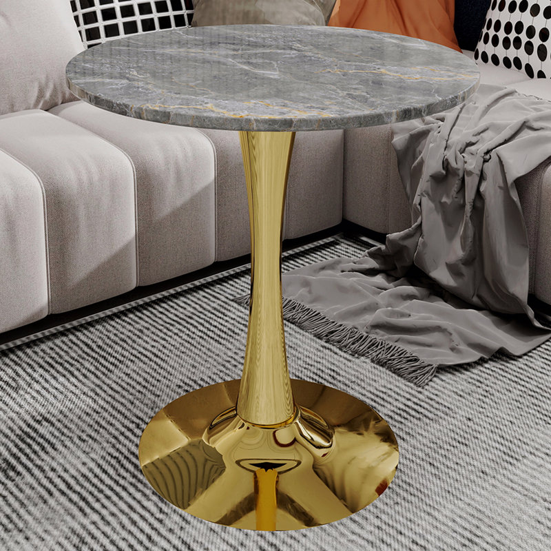 Table de salle à manger ronde 27,6 pouces Mid-Century moderne 2-4 personnes gris foncé texturé dessus en marbre, Doré, Gris