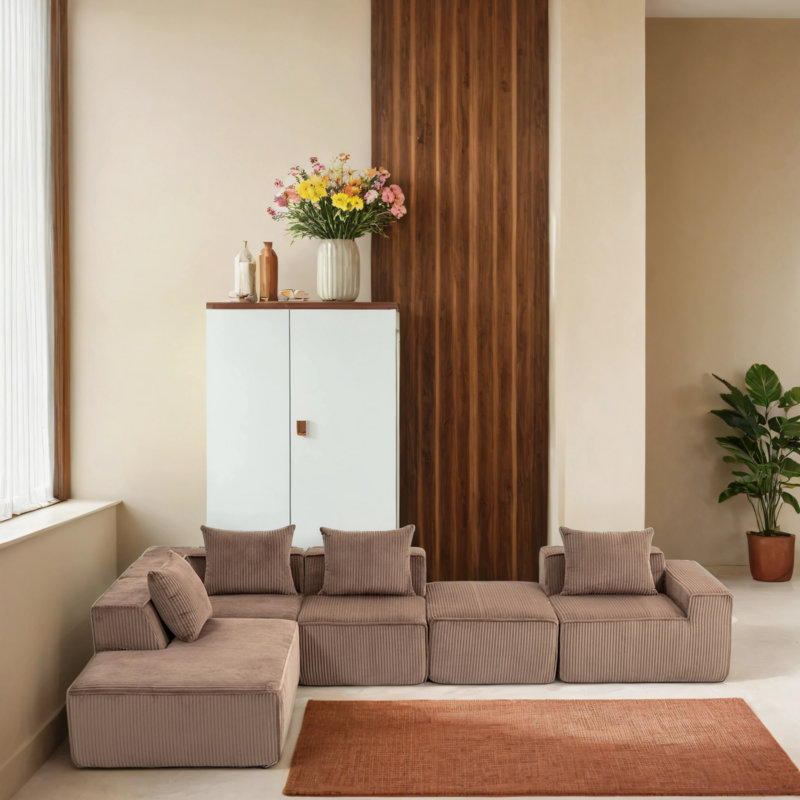 Canapé modulaire en velours avec repose-pieds, Velours côtelé brun