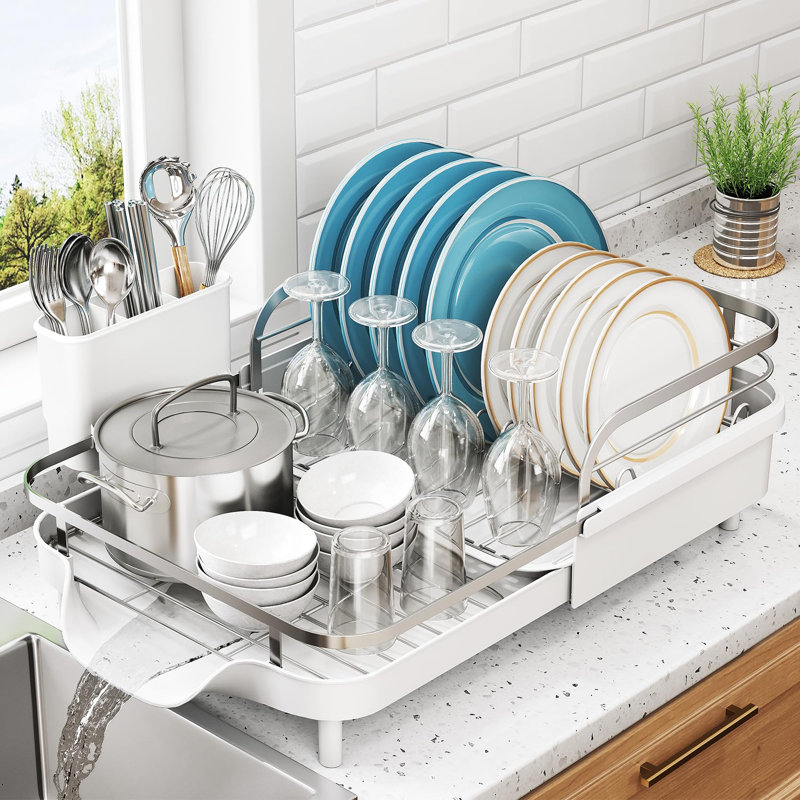Égouttoir à vaisselle extensible pour comptoir de cuisine, égouttoir à vaisselle en acier inoxydable avec ensemble égouttoir et porte-ustensiles (blanc)