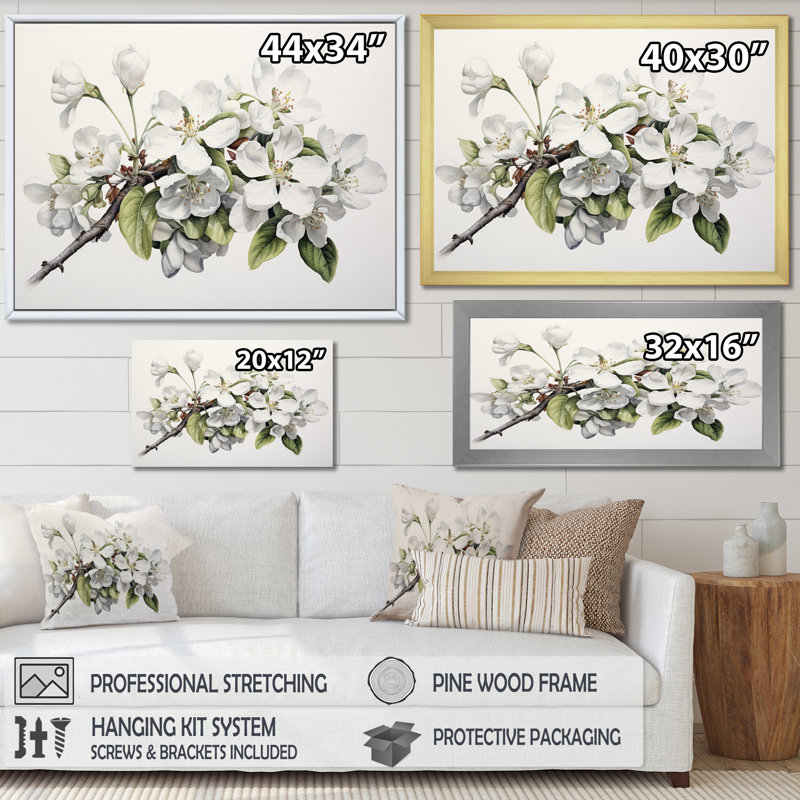 Fleur de pommier monochromatique élégance XXV III, reproduction sur toile, H 24 po x l 32 po x P 1 po, Cadre flottant noir