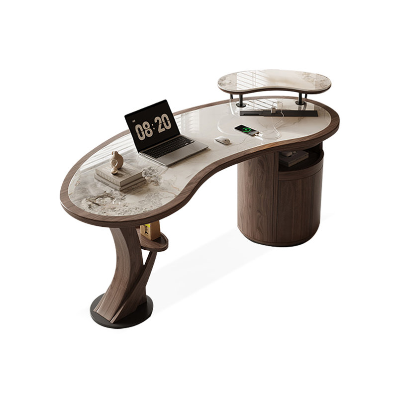 Bureau en bois massif et pierre de forme libre noisette, H 35,43 po x l 62,99 po x P 26,77 po