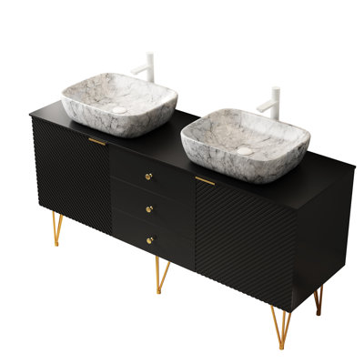 Freestanding 60" Bathroom Vanity In Black With Gold Legs, 3 Drawer 2 Door Design, Sintered Stone Countertop, Ceramic Vessel Basins, Pre - Assembled And Fine Looking Practical