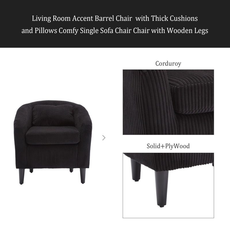 Fauteuil demi-tonneau Living Room, Velours côtelé noir