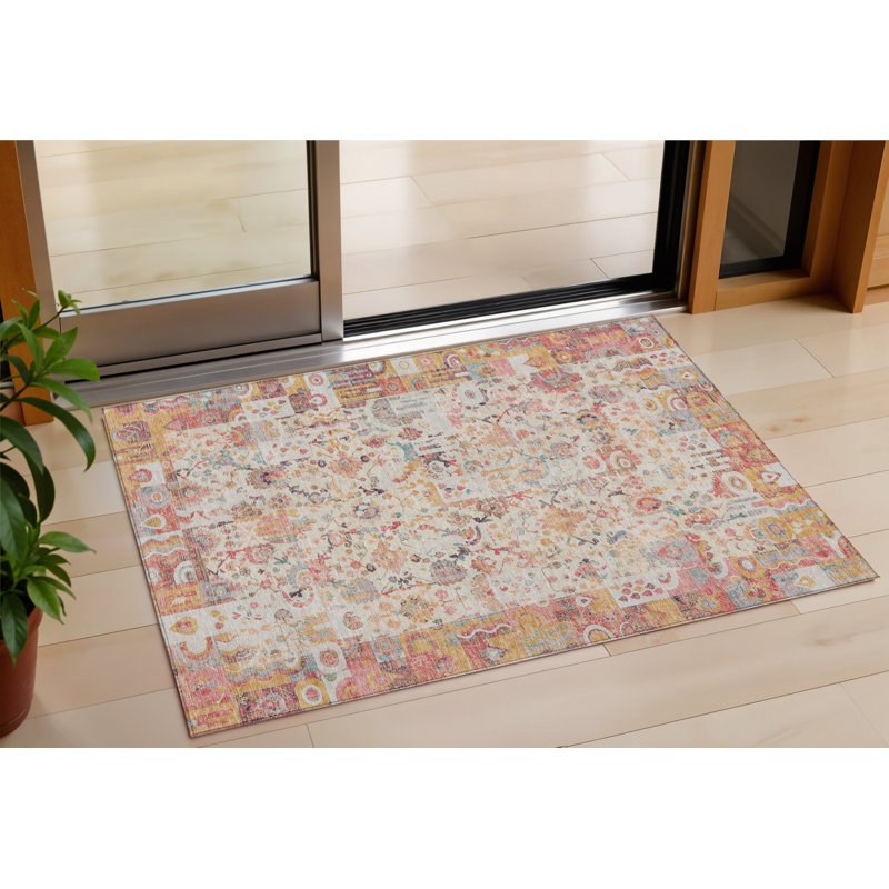 Tapis d'extérieur lavable en patchwork rose et ivoire 3 pi x 5 pi
