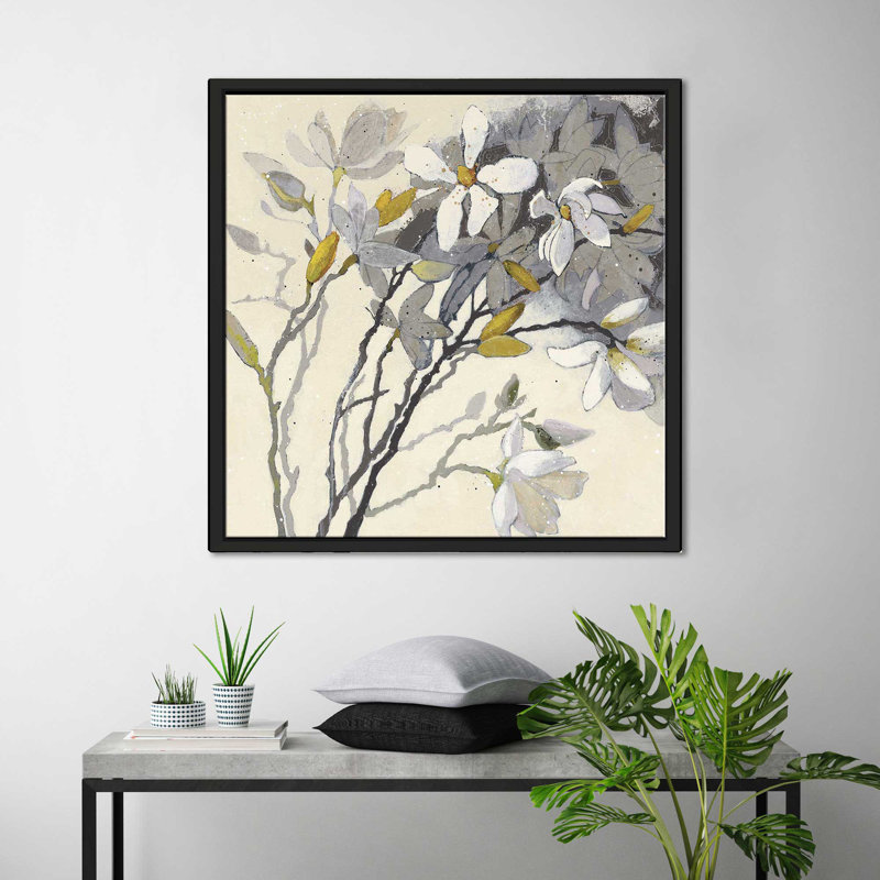 Magnolias jaune gris - peinture, Cadre flottant noir, H 31,5 po x l 31,5 po x P 2 po