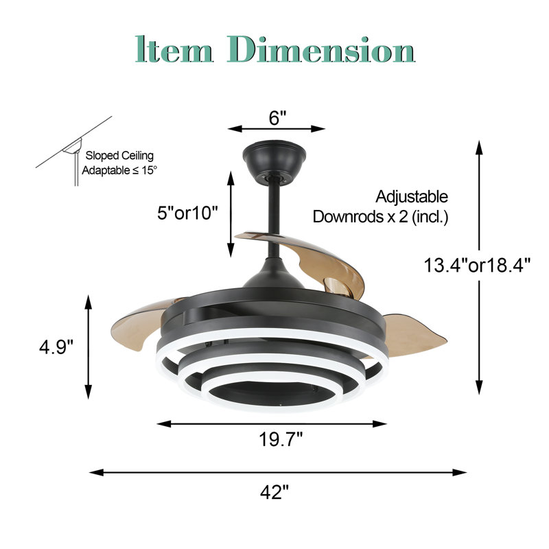 Brynnly 42" Retractable DC Motor Ceiling Fan with LED Lights, Remote 3-Color 6-Speed, Black with Brown Blades